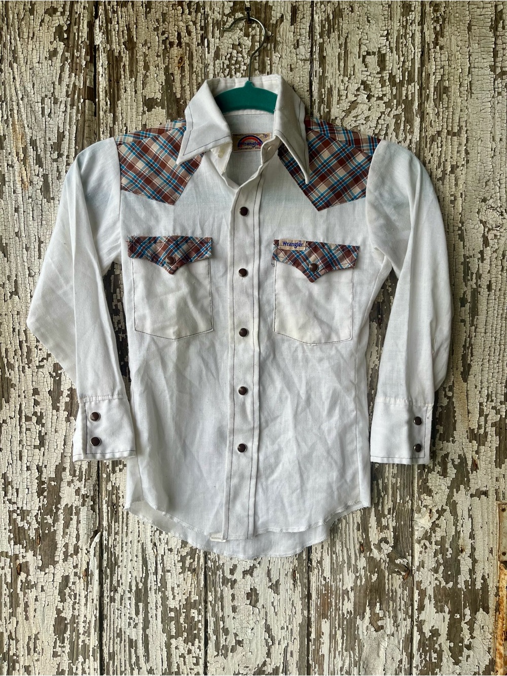 Vintage Wrangler White Boys Shirt with Blue and Brown Plaid Trim
